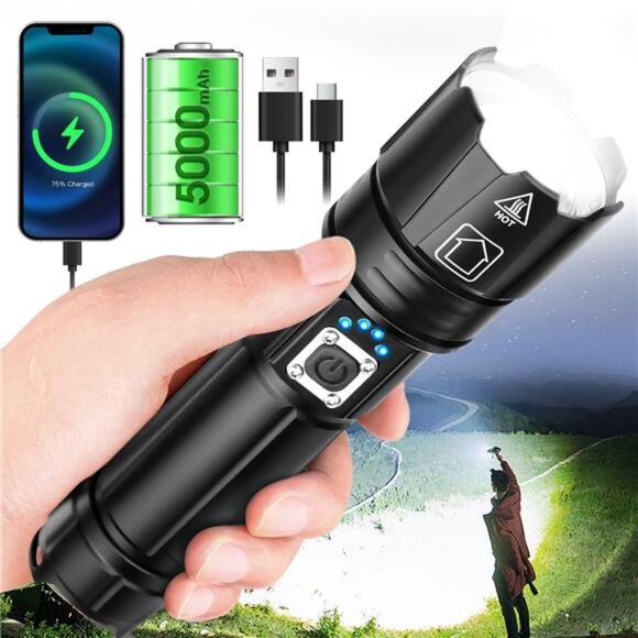 Powerful Flashlight 10000 Lumens, USB Rechargeable XHP70.2 Flashlights High - Picture 6 of 7